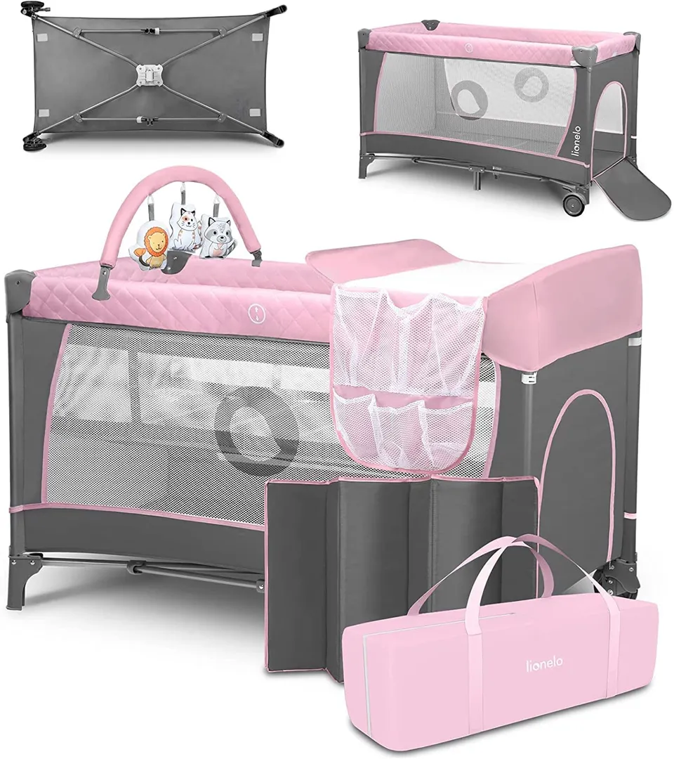 lionelo-sven-flower-reisebett-flamingo-mit-wickeltisch image 1