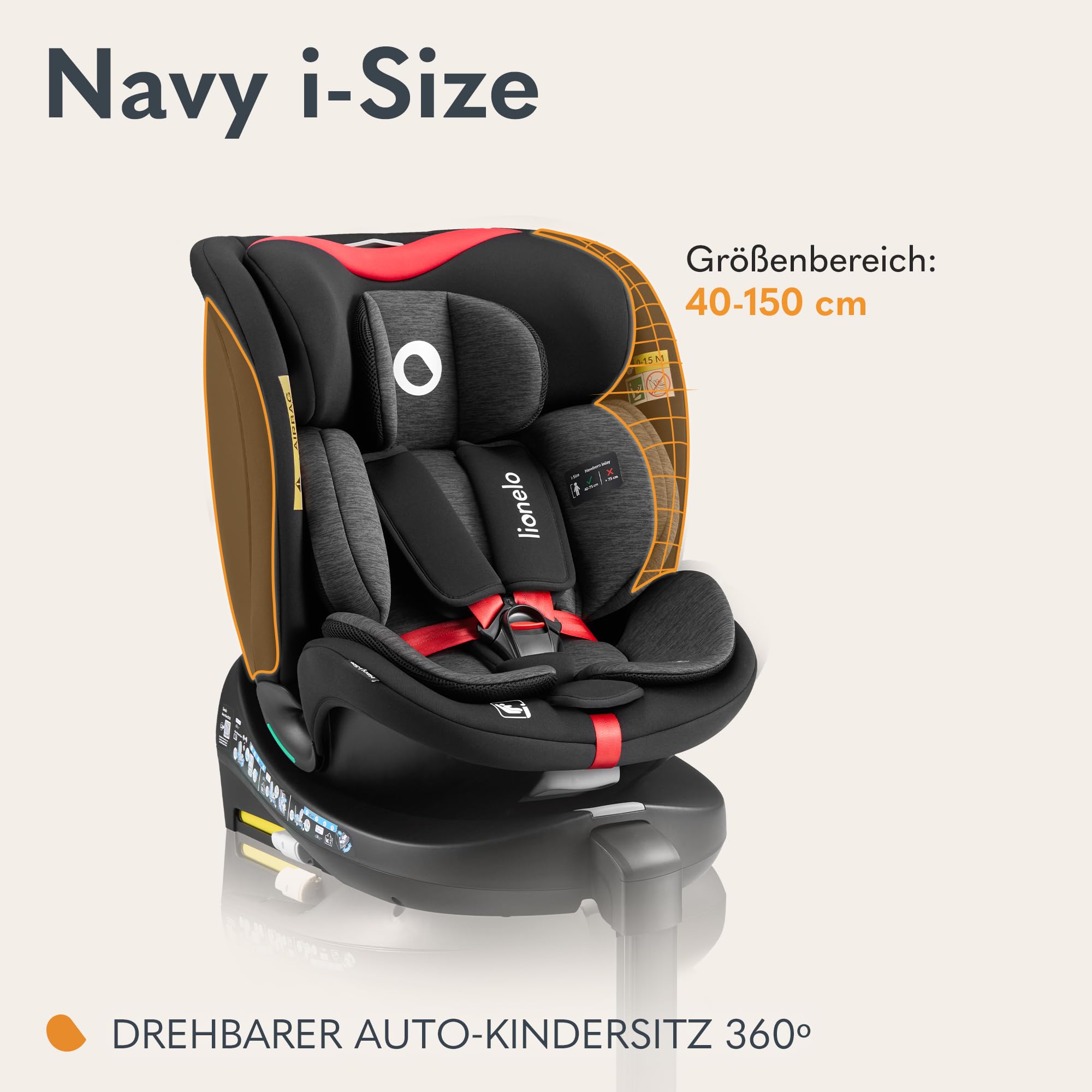 lionelo-navy-i-size-kindersitz-schwarz-rot-40-150-cm-360 image 2