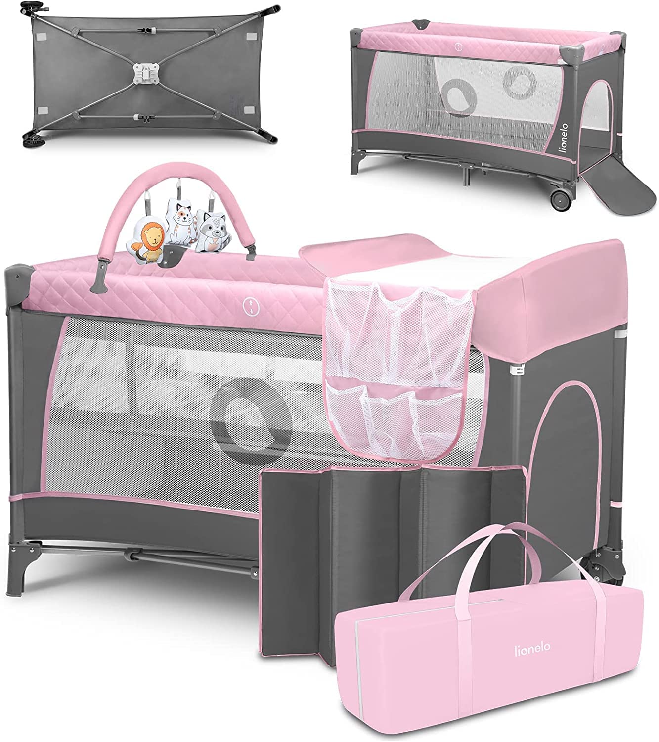 lionelo-sven-flower-reisebett-flamingo-mit-wickeltisch image 1