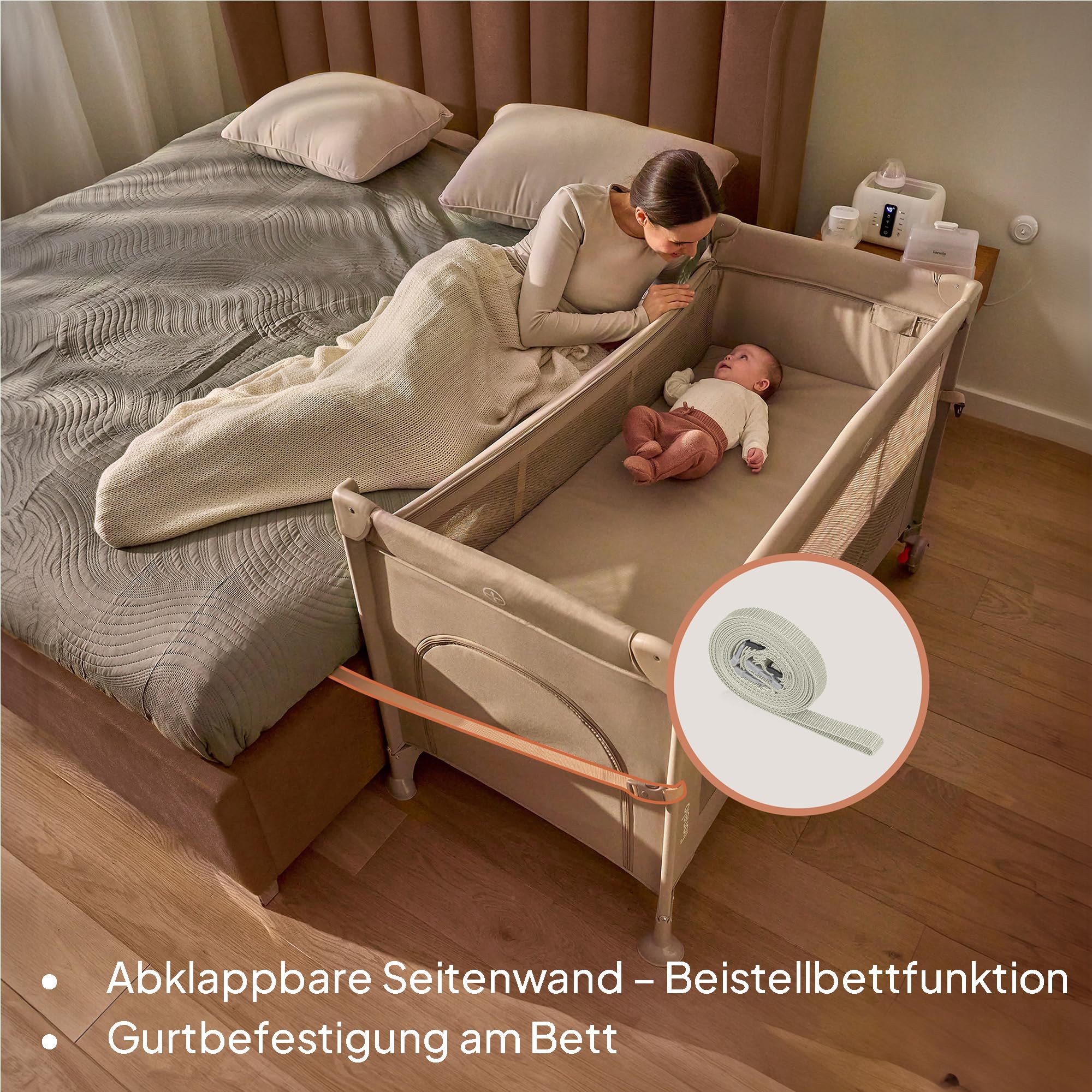 lionelo-ellen-3-in-1-reisebett-grau-beistellbett-mit-matratze image 2